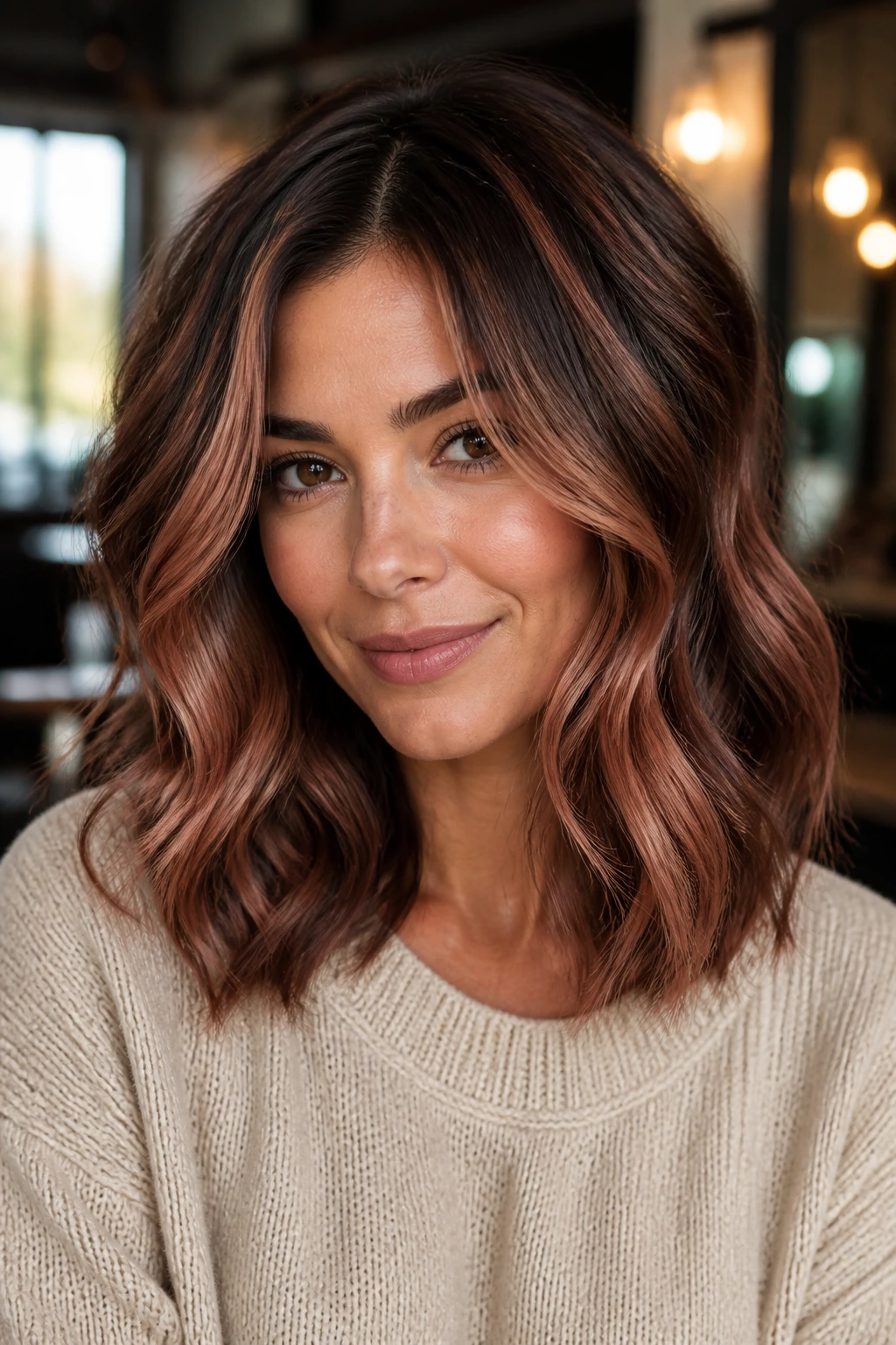 Close-up portrait of Champagne Rose Ribbons on Chestnut Brown hair with soft waves