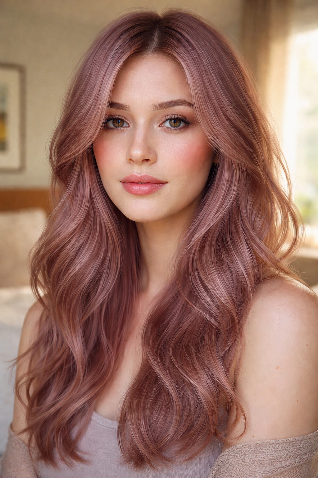 Real portrait with muted rose gold hair with violet undertones