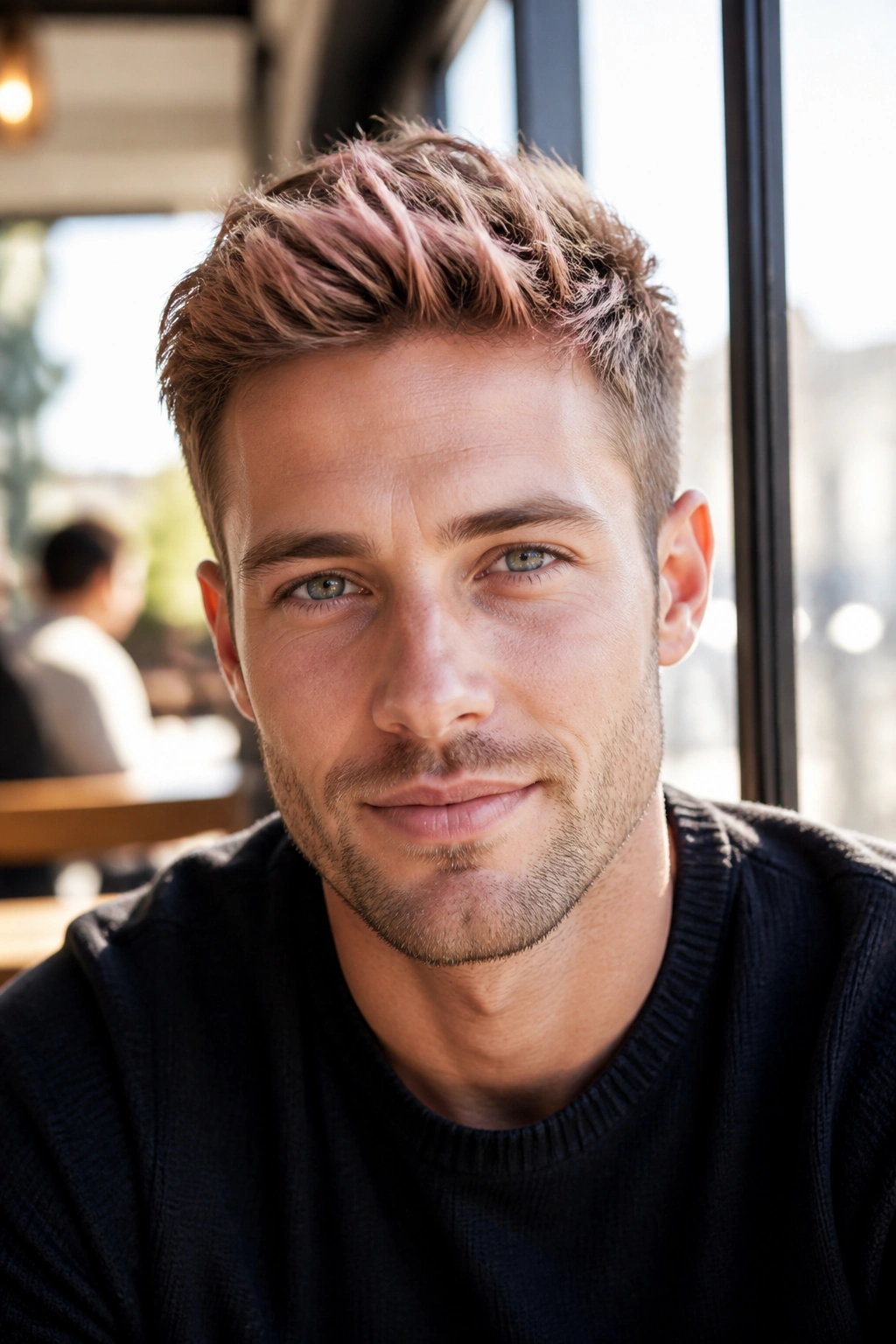 Close-up portrait of a man with rose gold highlights in light brown to blonde hair.