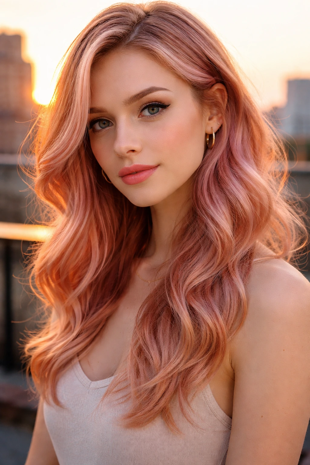 Close-up portrait of a real woman with rose gold hair during golden hour