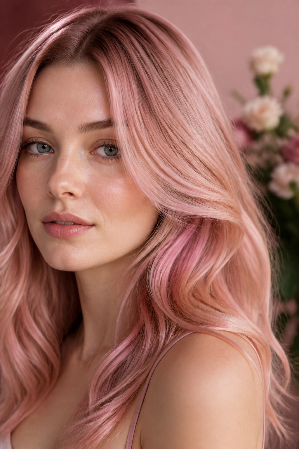 Portrait of a woman with rose gold hair in soft rosy light