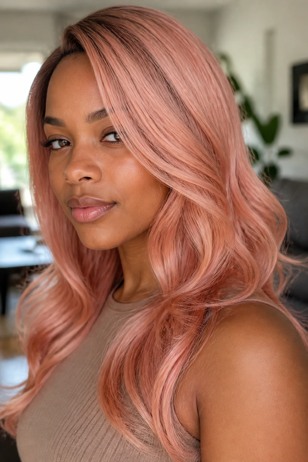 Portrait of a person with rose gold hair in pink peach and gold tones in bright daylight.