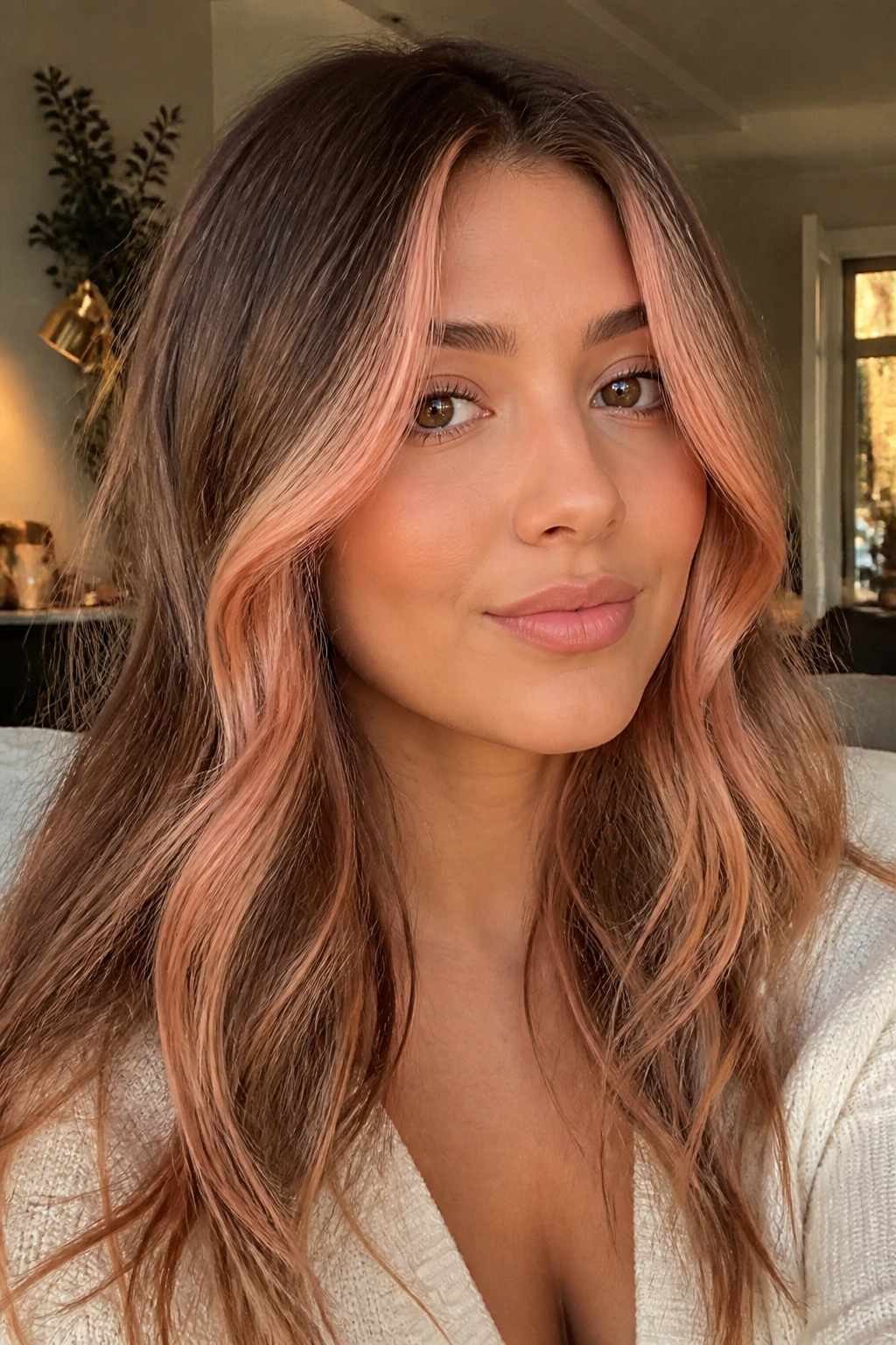 Close-up portrait of a real woman with rose gold front pieces on soft brown hair