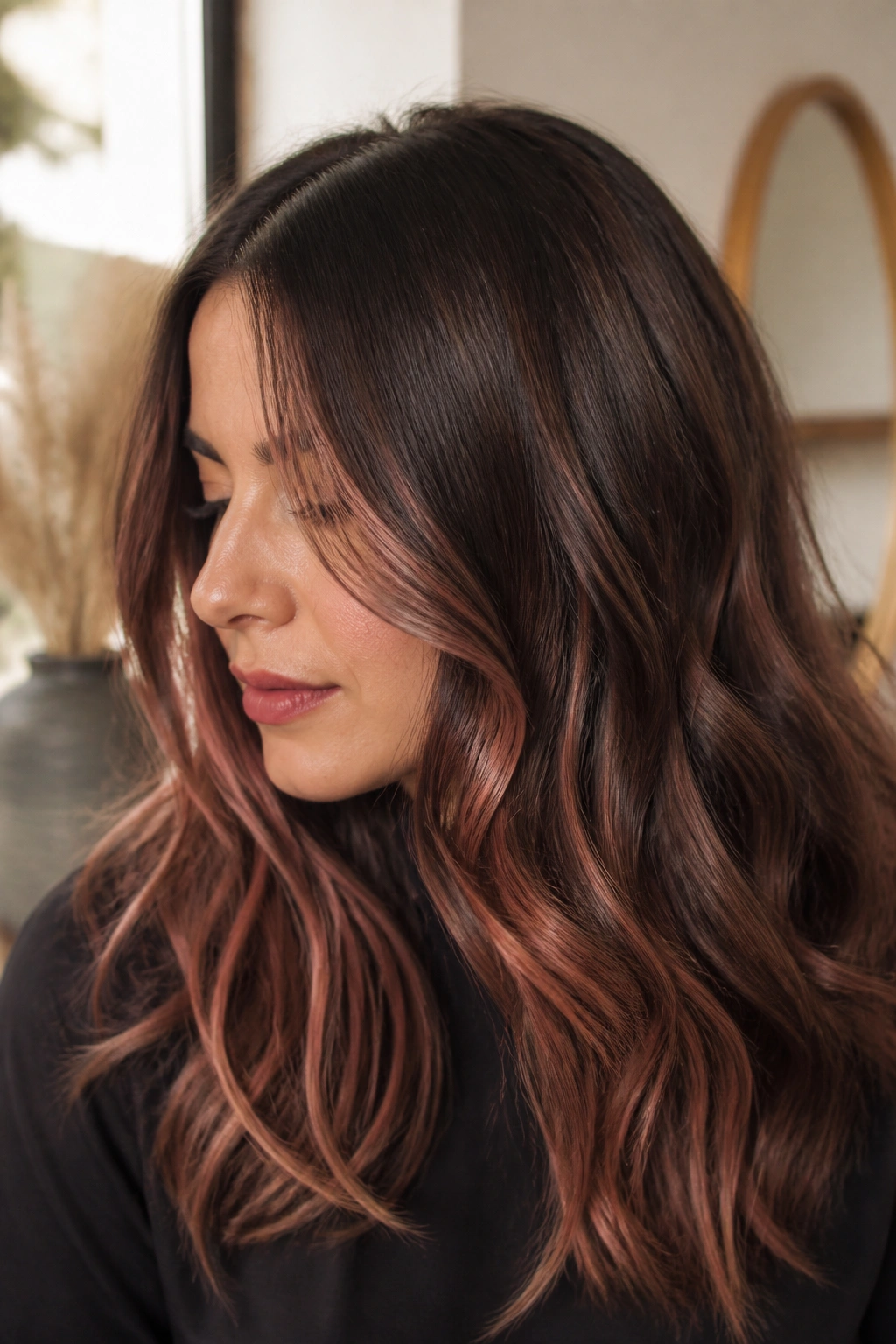 Rose gold highlights peeking through chocolate brown hair