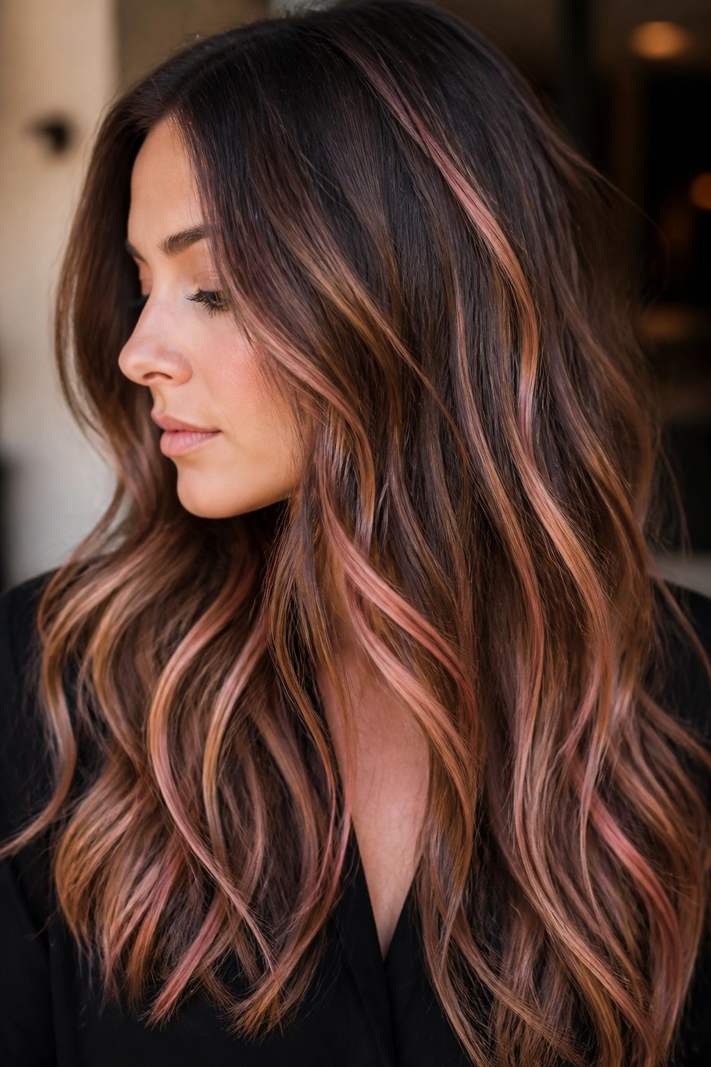 Close-up of chocolate brown hair with soft ribbon rose gold highlights