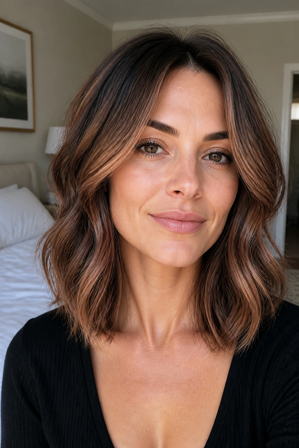 Close-up of a real woman with neutral brown hair showing rose-gold highlights