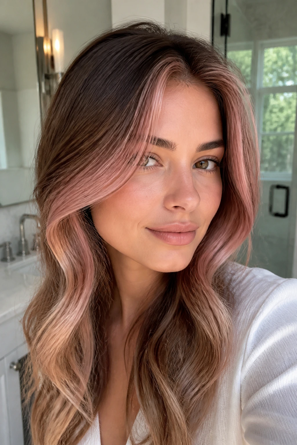 Real woman with rosy beige face-framing highlights around temples