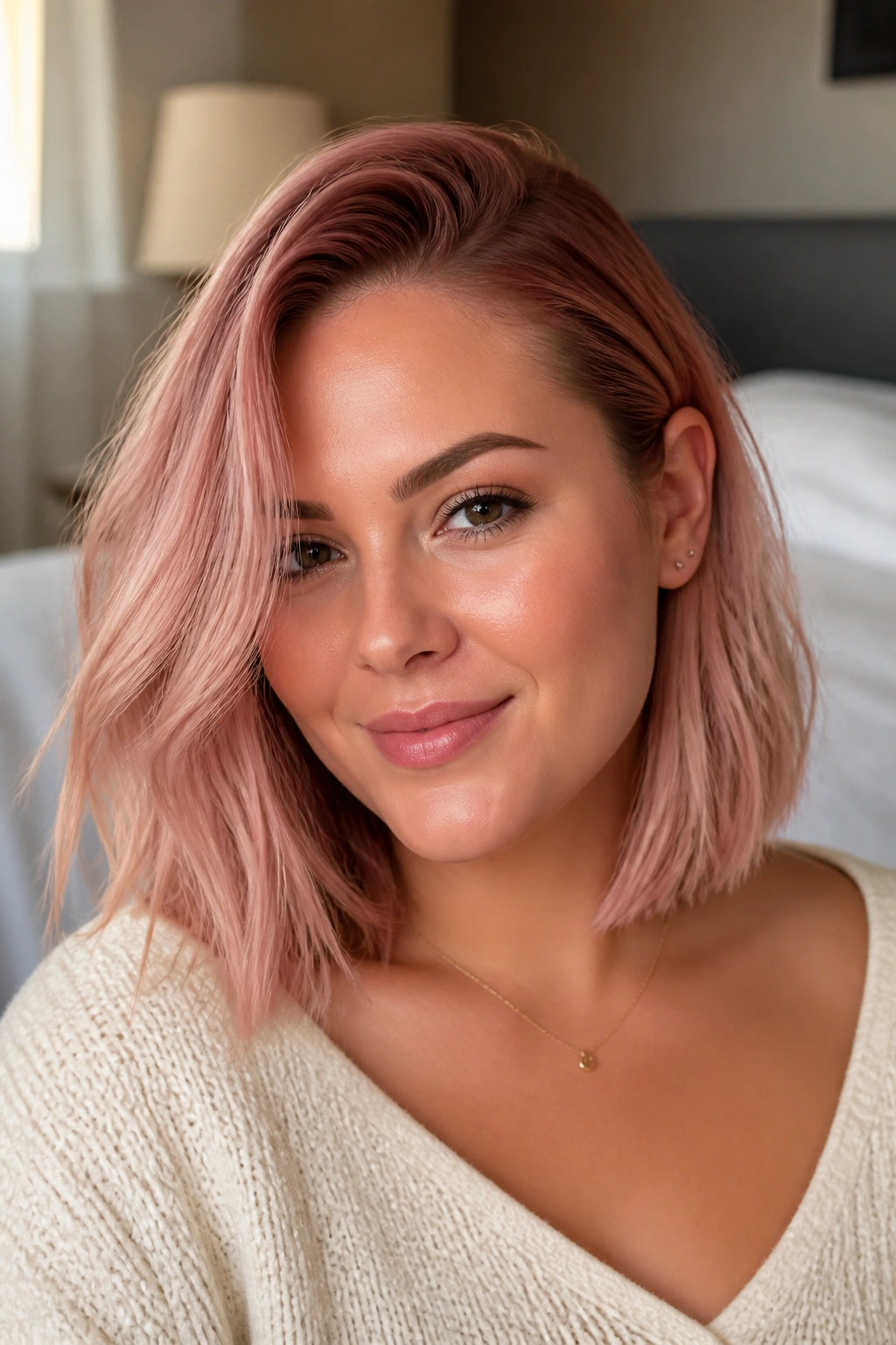 Close-up portrait of a real woman with a rose gold lob and deep side part in warm natural light