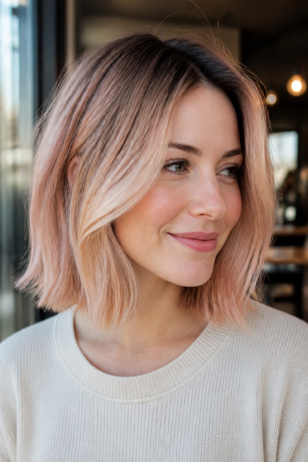 Close-up of a real woman with rose gold lob and shadow root