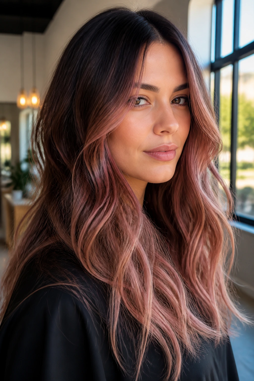 Close-up of a real woman with rich rose gold melt on dark brown hair and a subtle shadow root
