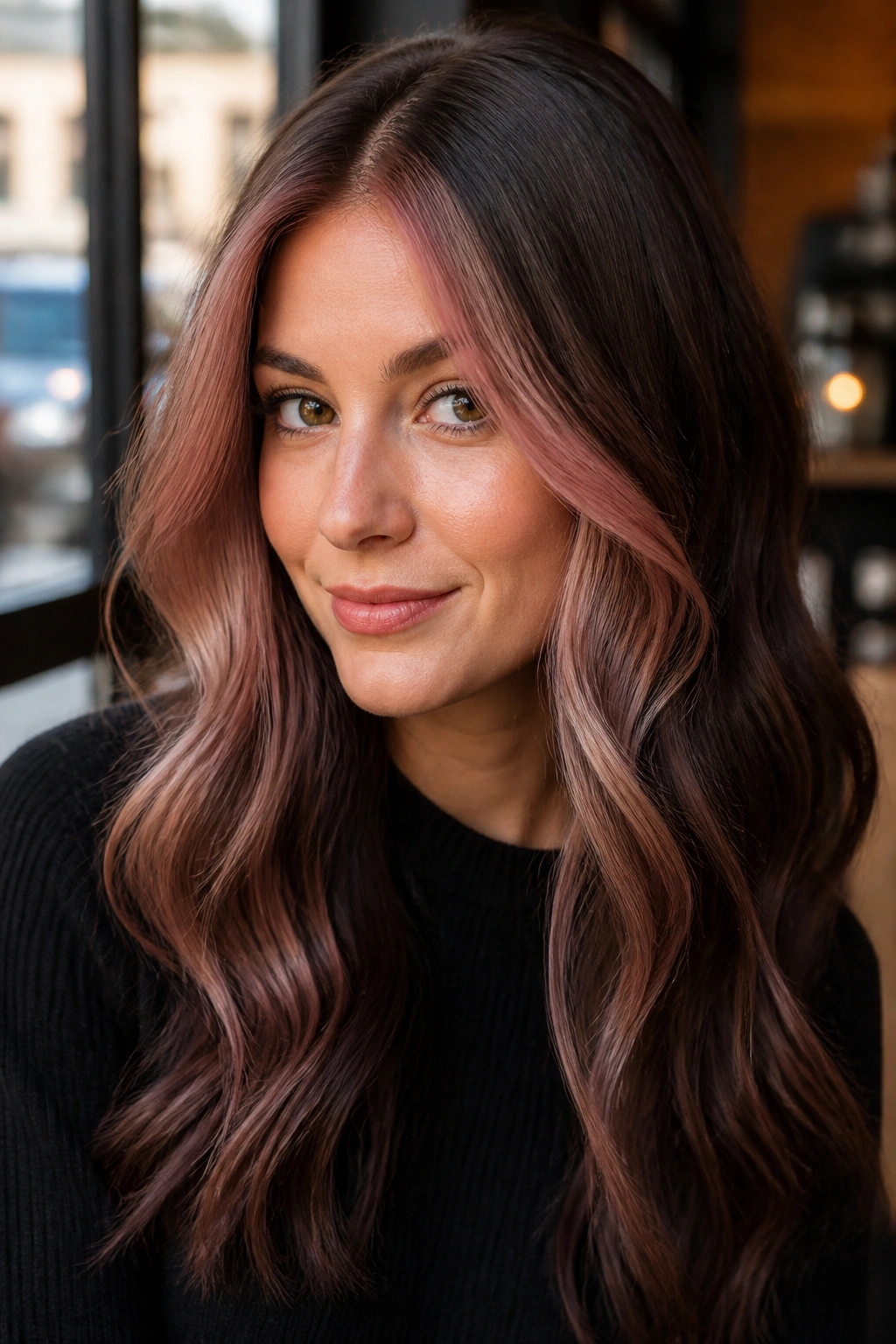 Portrait of a woman with face-framing rose gold money pieces and soft waves