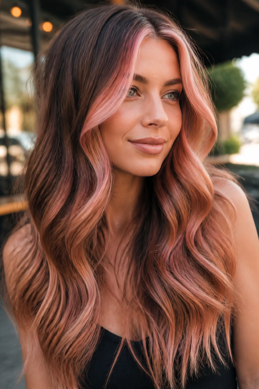 Real woman with rose gold money piece and long ombre lengths