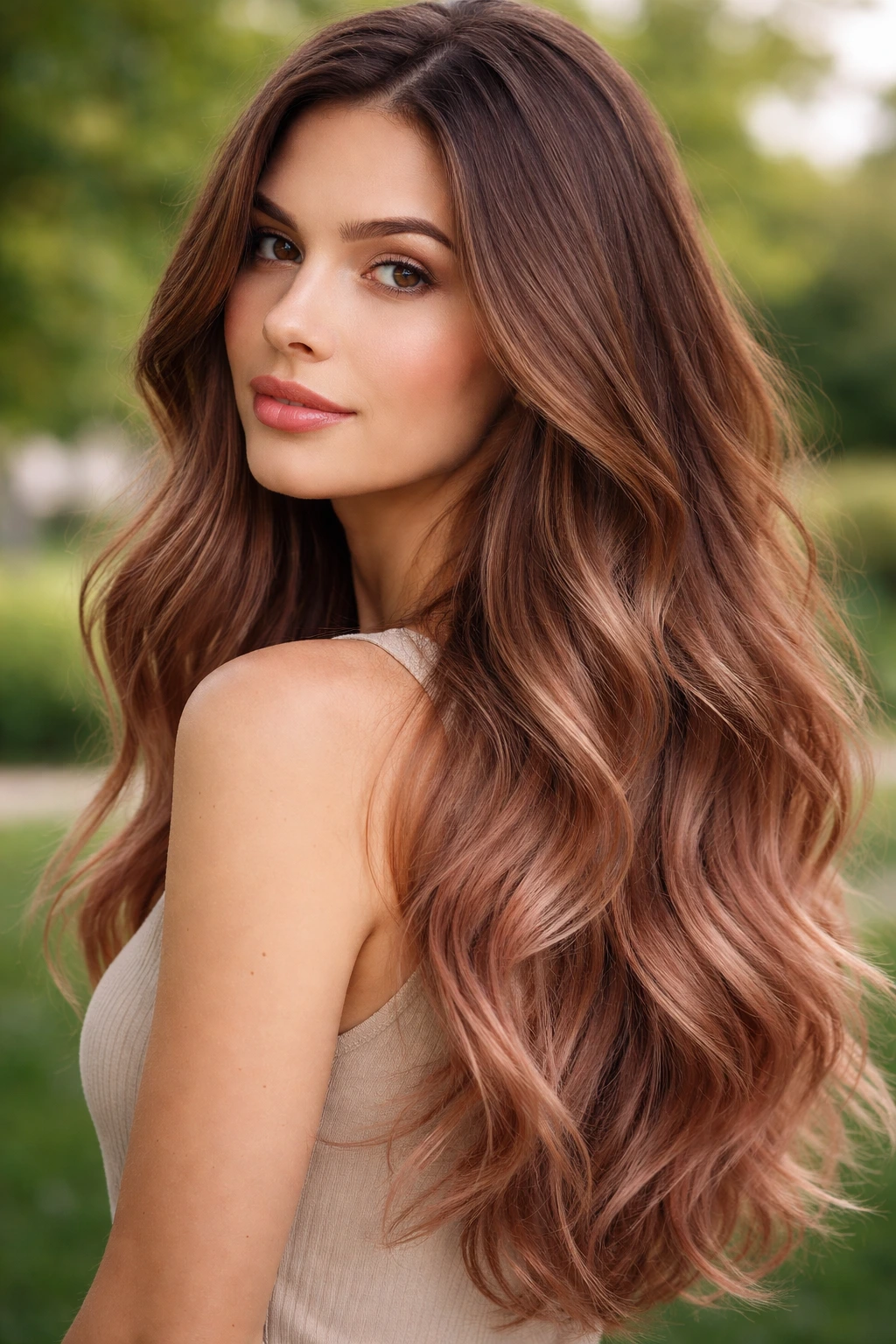 Medium close-up of a real woman with soft rose gold ombré on long brown hair