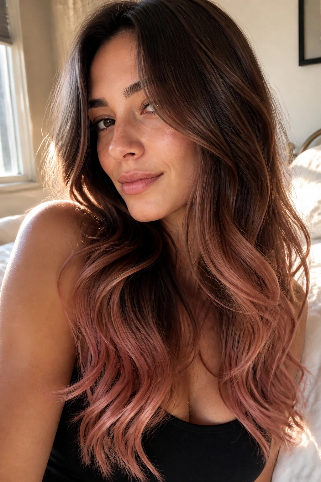 Close-up of a real woman with long brunette hair showing a soft rose gold ombre