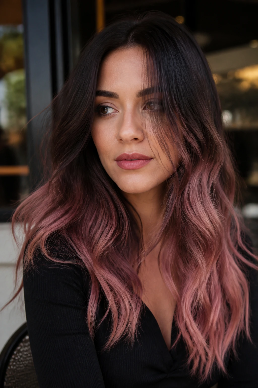 Close-up of a real woman with rose gold ombré on dark brunette in daylight.