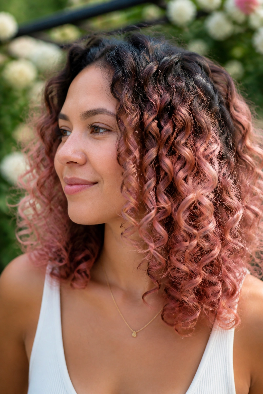 Close-up of medium curls with rose gold dip mid-lengths to ends