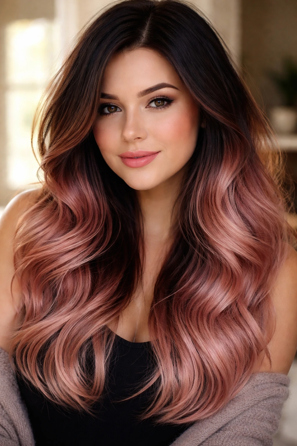 Close-up portrait of a real person with black-to-rose-gold ombre hair.