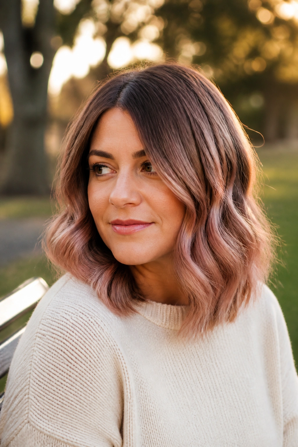 Close-up of a real woman's wavy lob with rose gold ombre