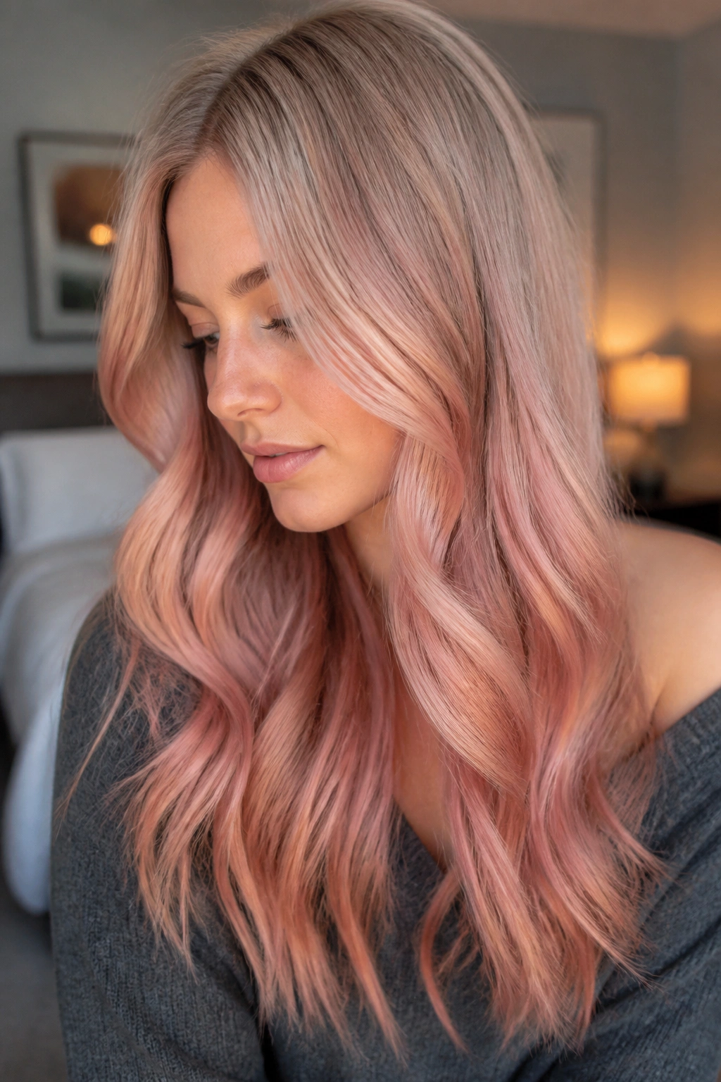 Close-up of a real woman with rose gold ombre on long hair from roots to ends