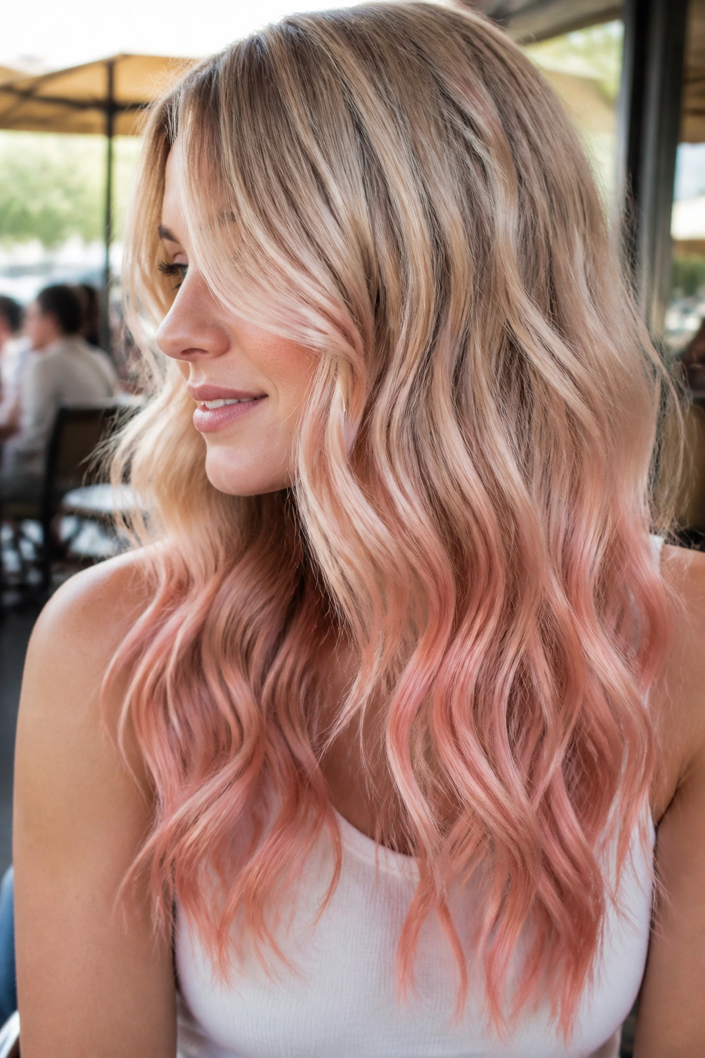 Close-up of real woman with rose gold melt ombre on wavy hair outdoors