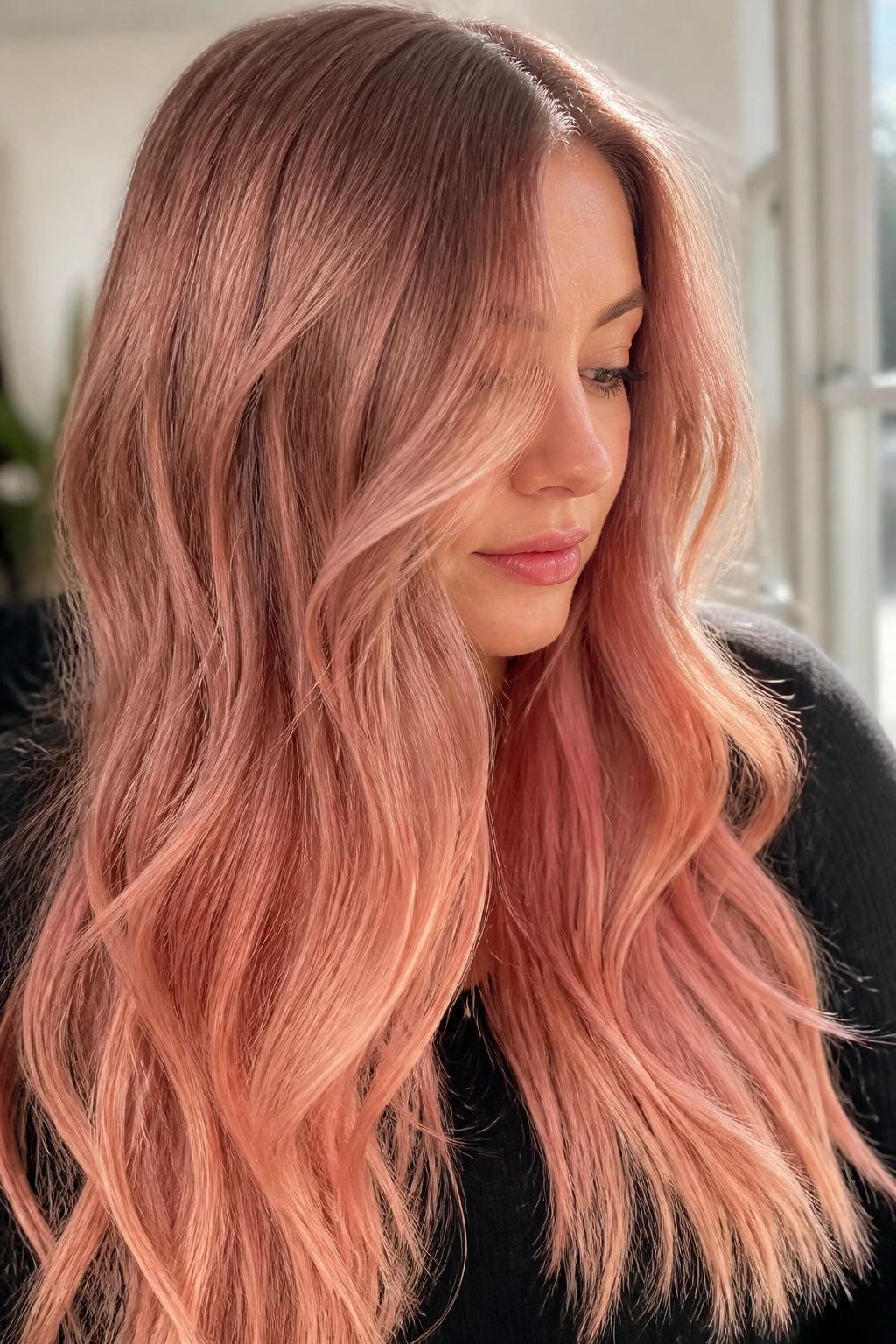 Portrait of a real person with rose gold and peach-toned ombre hair.