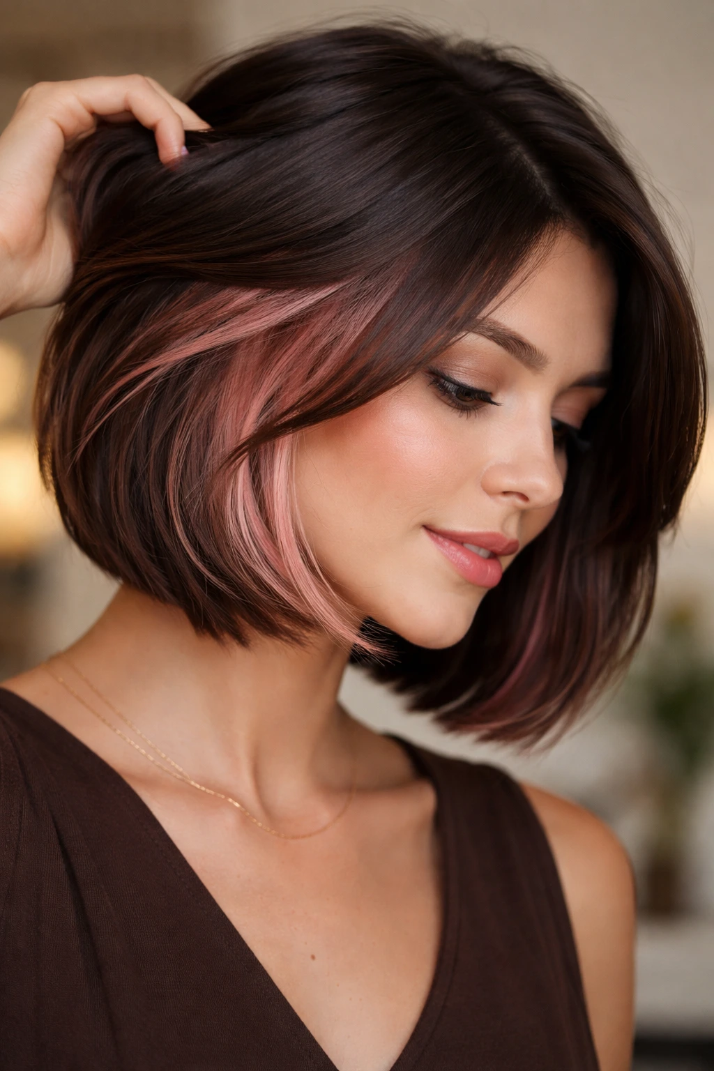 Brunette bob with hidden rose gold peekaboo underlayer visible from the side