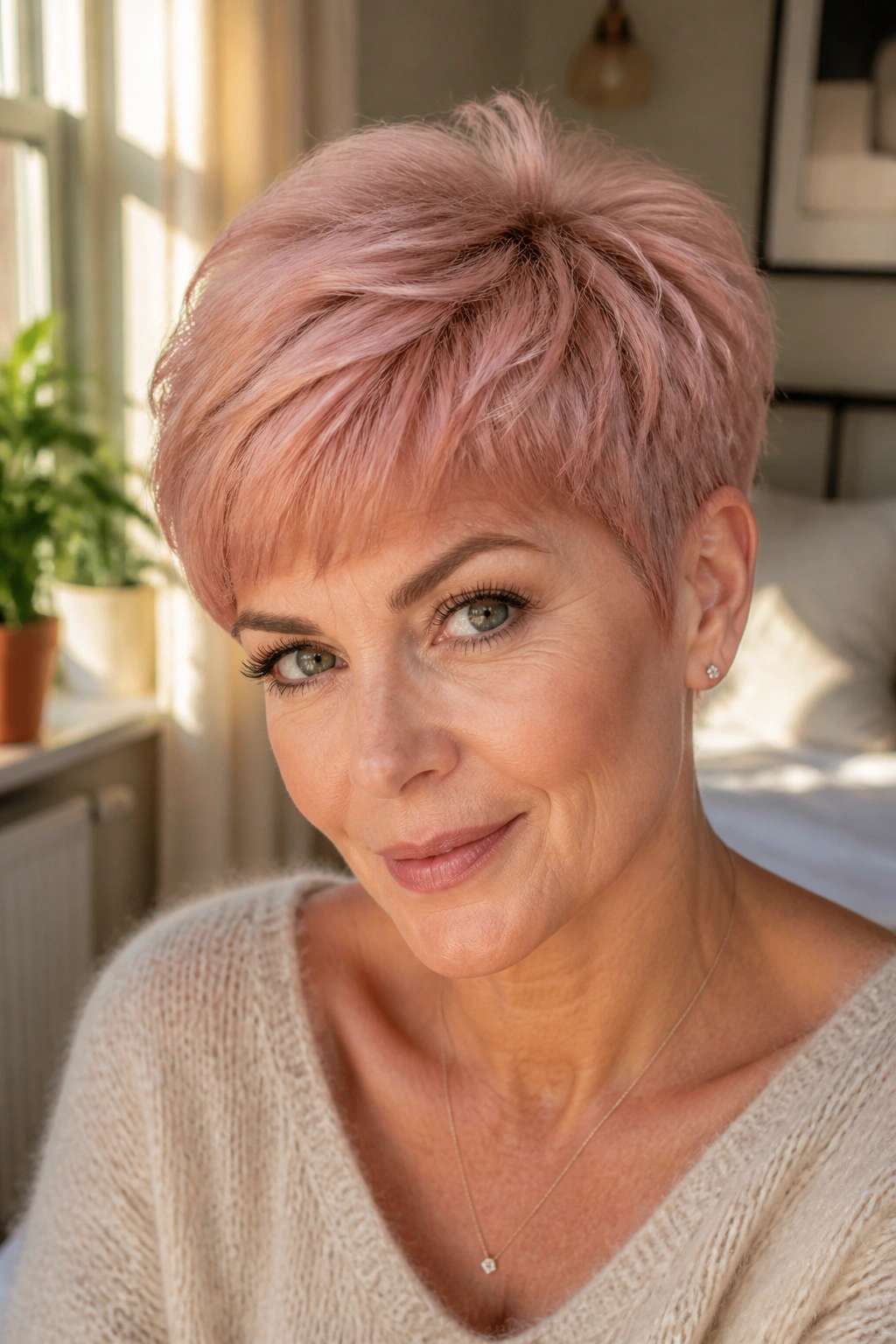 Close-up portrait of a real person with rose gold soft pixie and rounded top in natural window light.