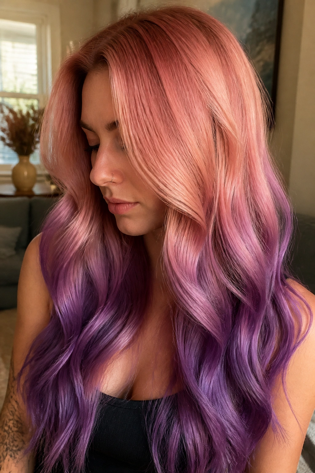 Close-up of a real woman with rose gold roots and purple ends on long hair