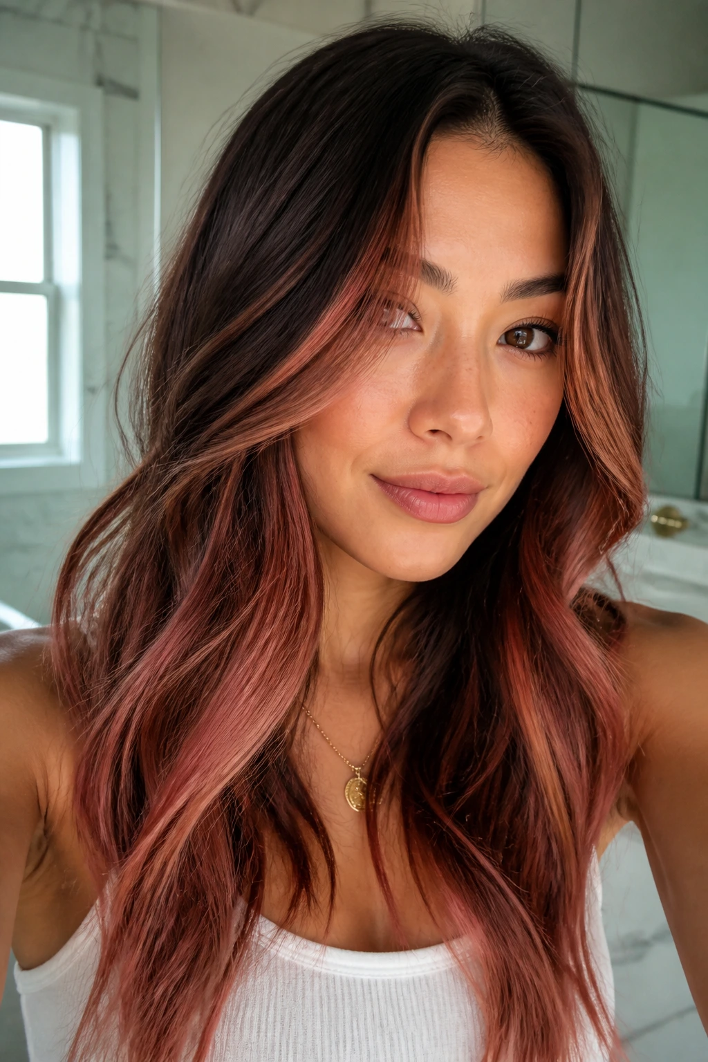 Rose gold red balayage on brown hair with soft waves