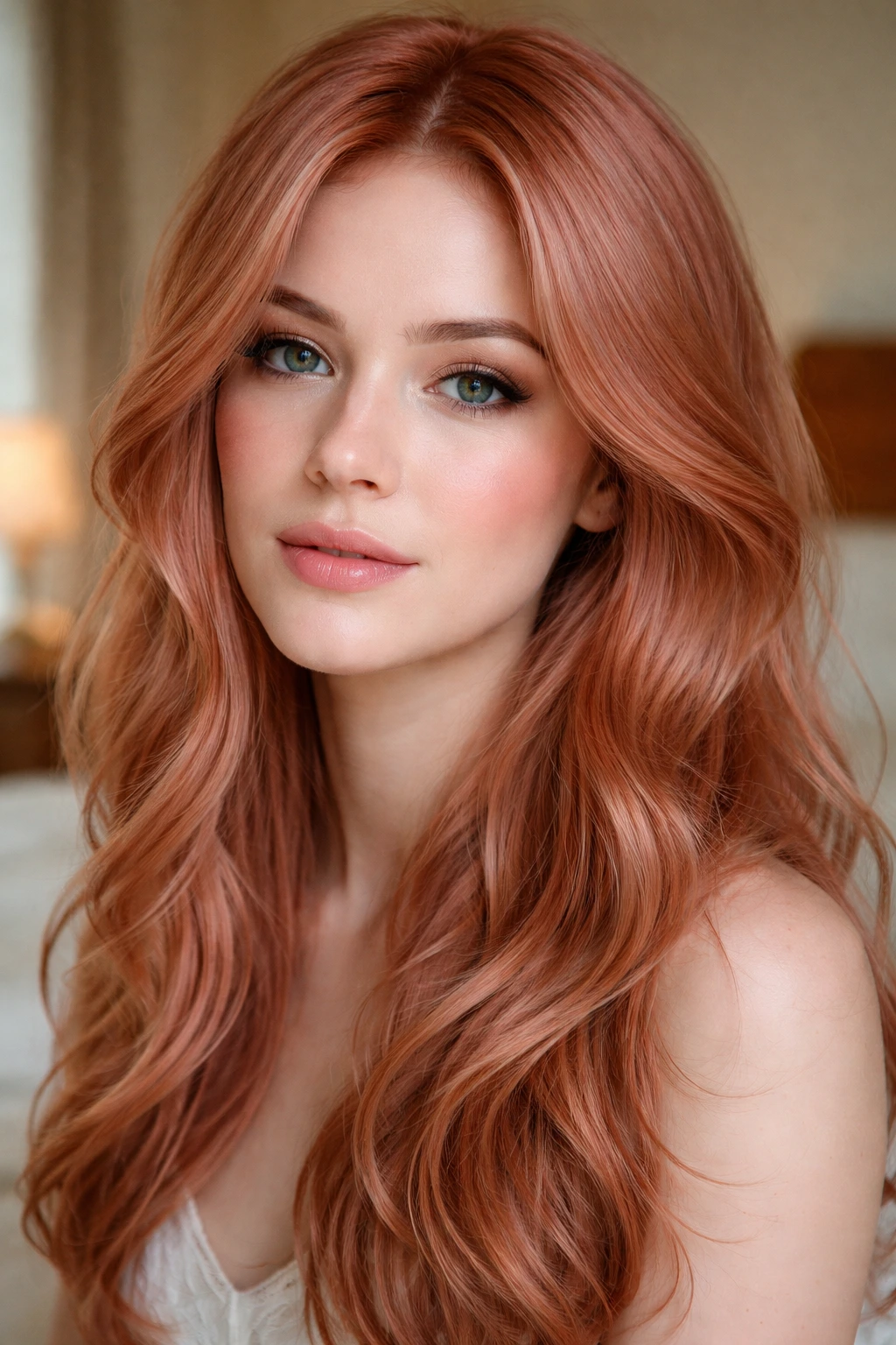 Close-up portrait of a real woman with Rose Gold Red hair, soft lighting