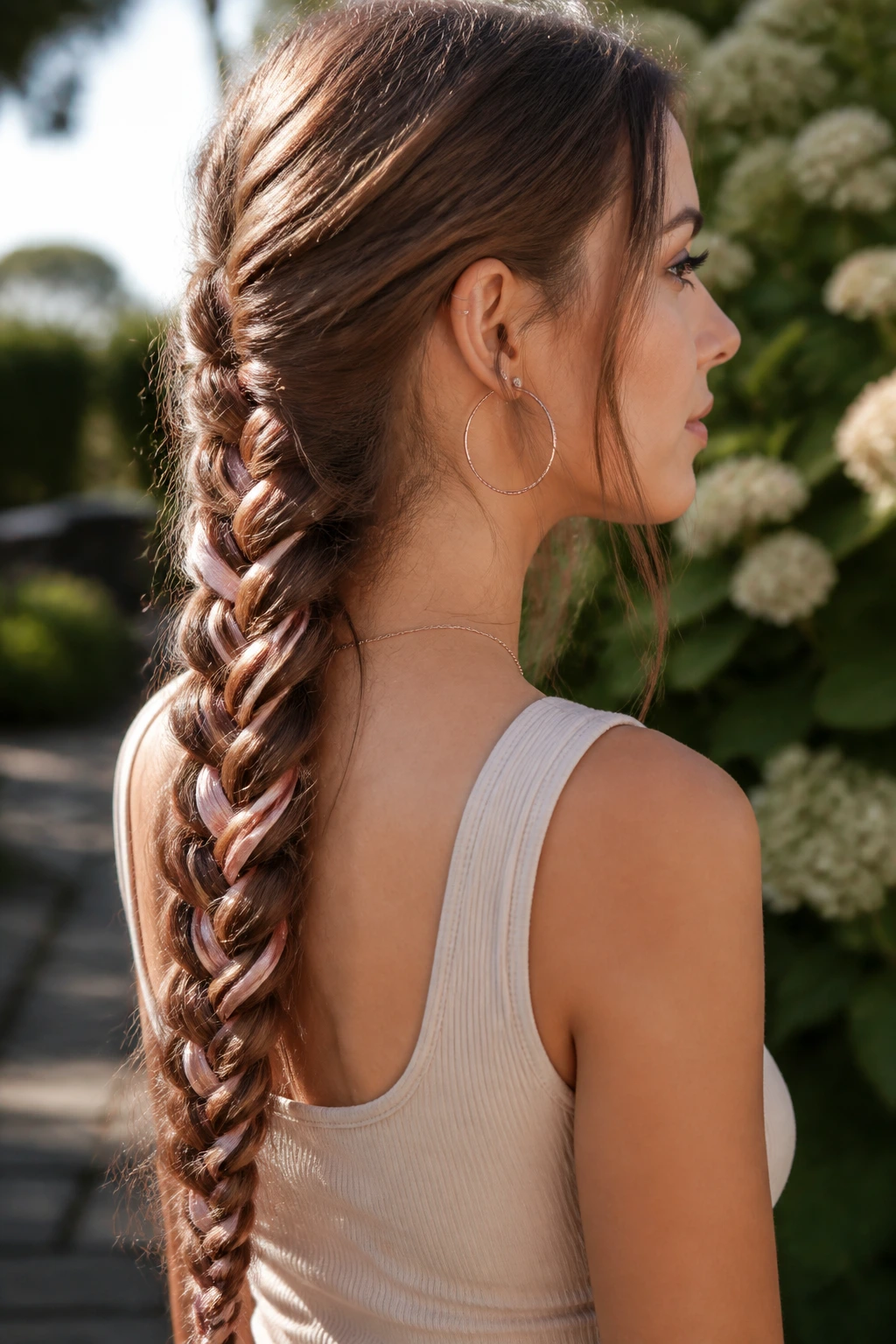 Close-up of real woman with rose gold ribbon ombre braided hair