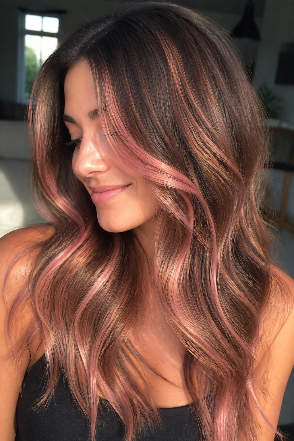 Brunette with rose gold ribbon highlights in soft waves