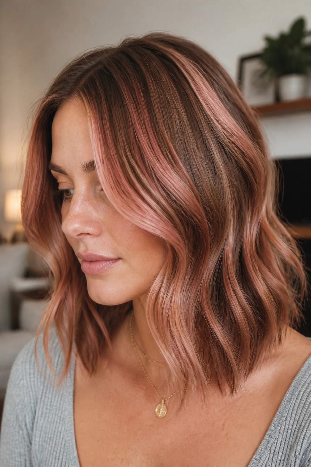 Portrait of a real woman with shoulder-length hair showcasing rose gold ribbon highlights