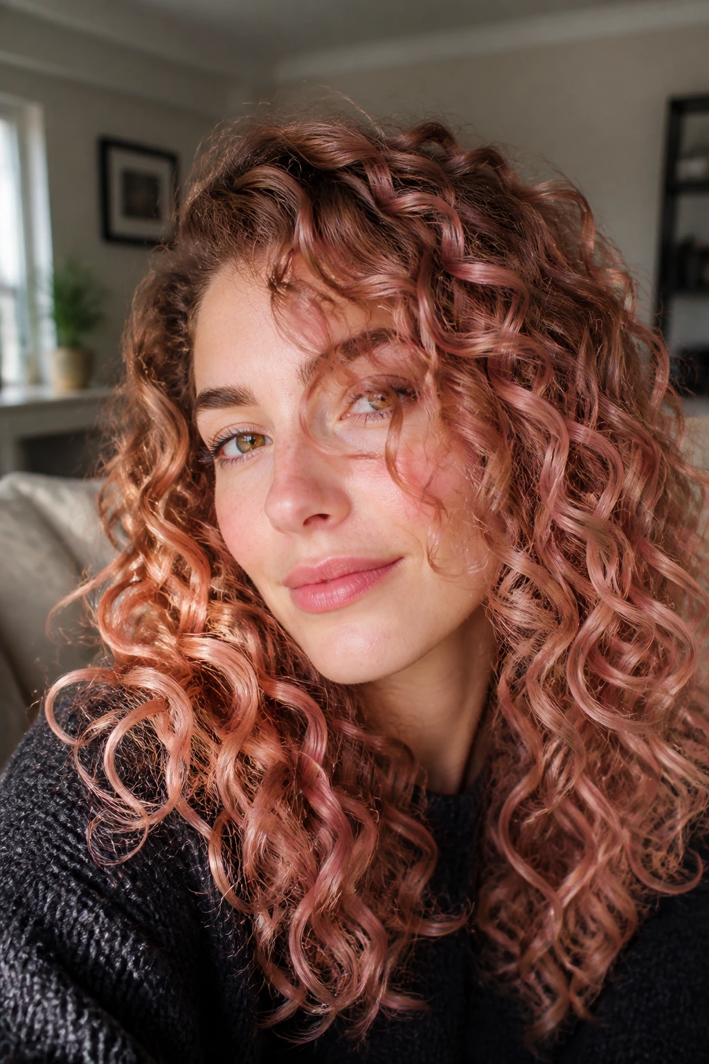 Close-up of a real woman's ringlets with warm rose gold highlights.