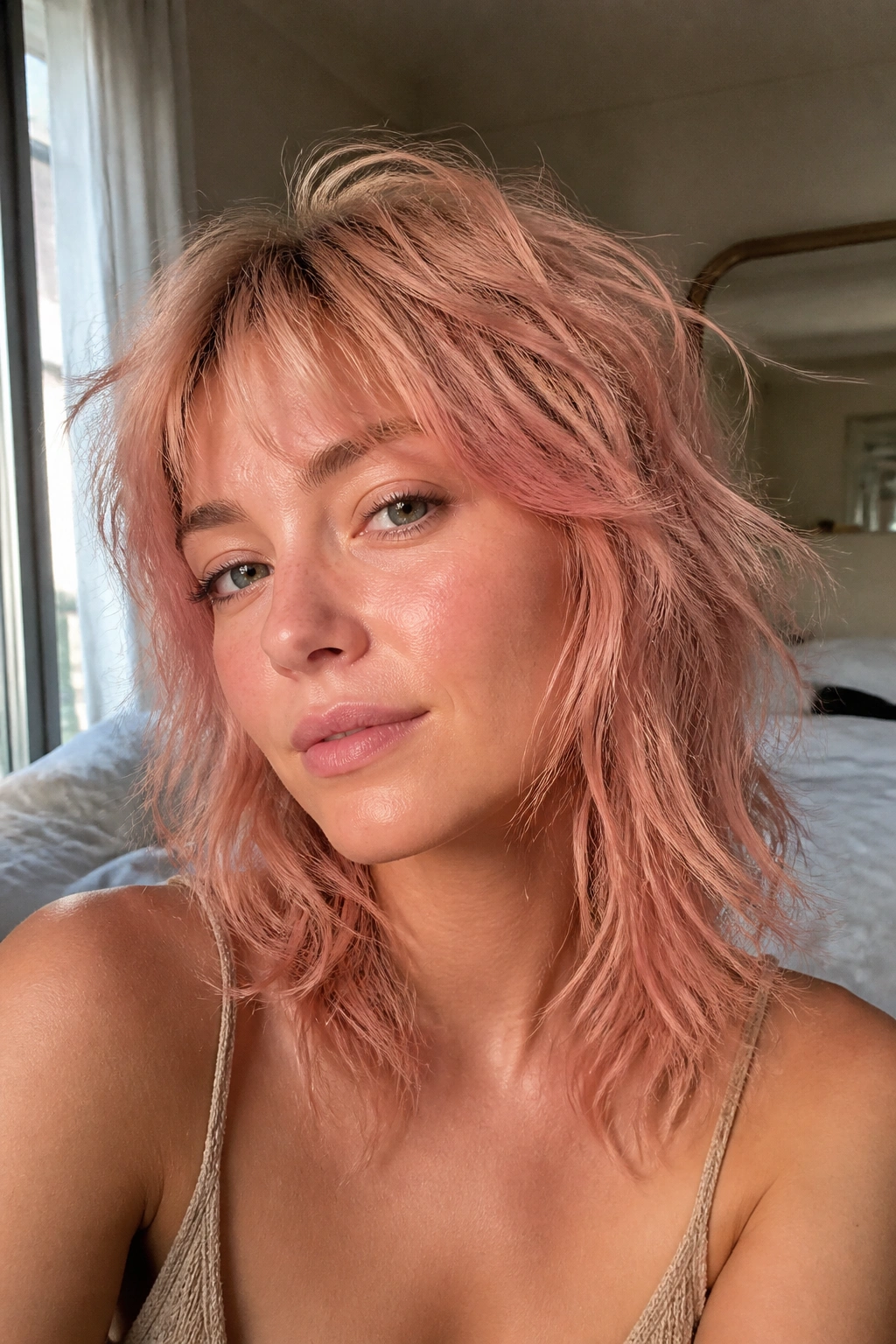Close-up portrait of a real woman with a rose-gold shag featuring airy texture around the crown and cheeks.