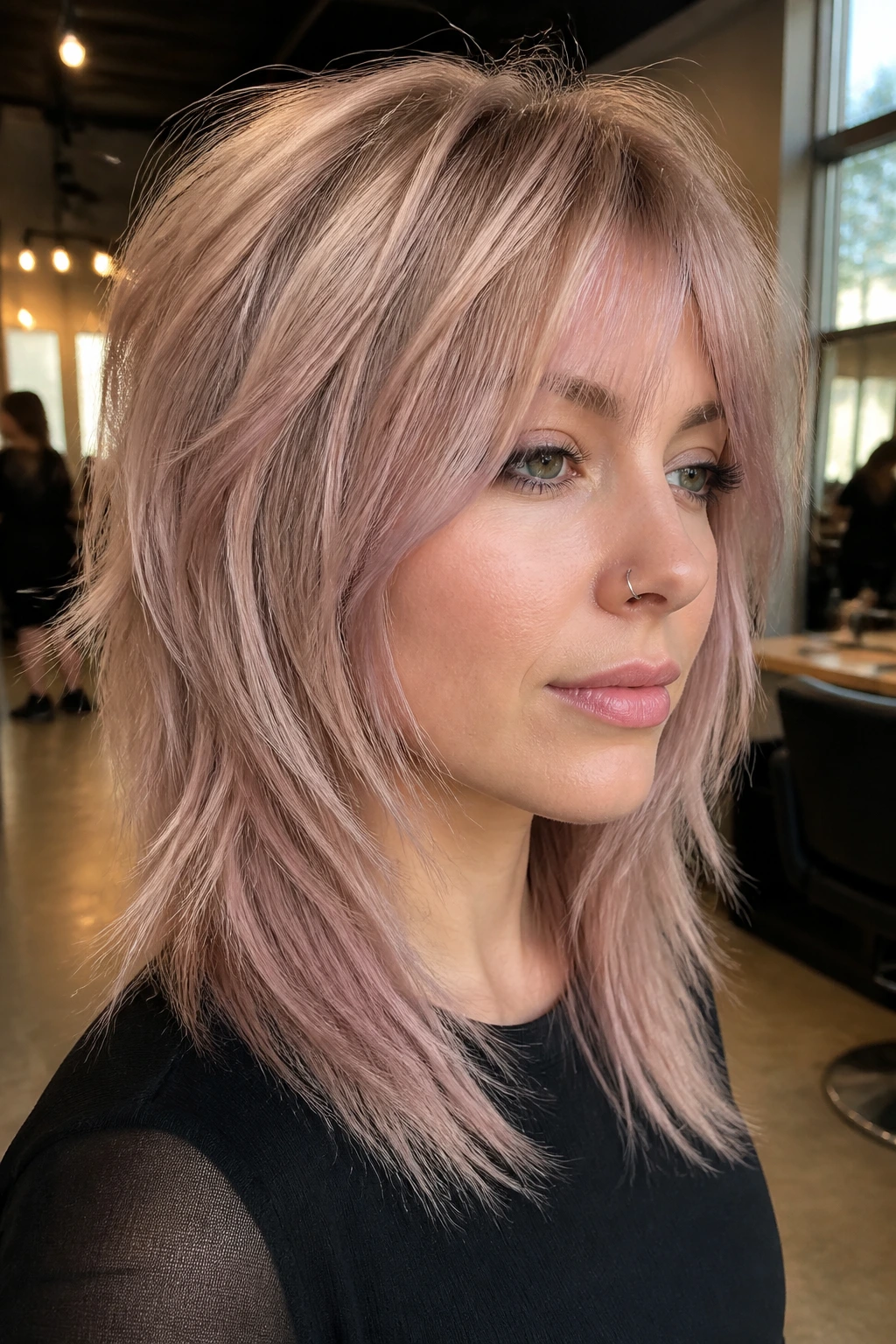 Real woman with frosted rose gold shag and layered texture
