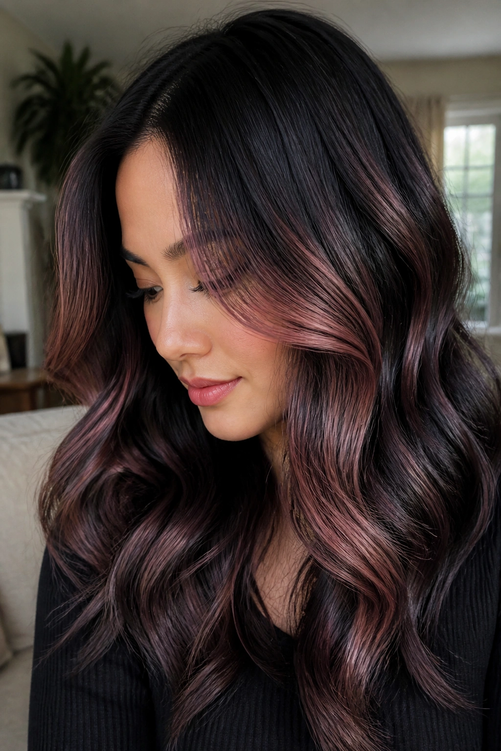 Rose-gold sheen on black wavy hair