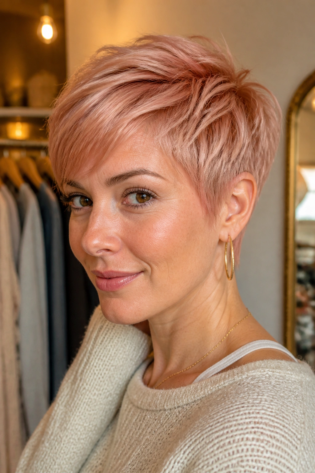 Close-up of a real person with rose gold sliced pixie showing crisp top slices.