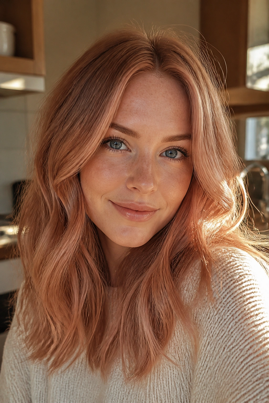 Close-up of a real woman with rose-gold strawberry blonde hair