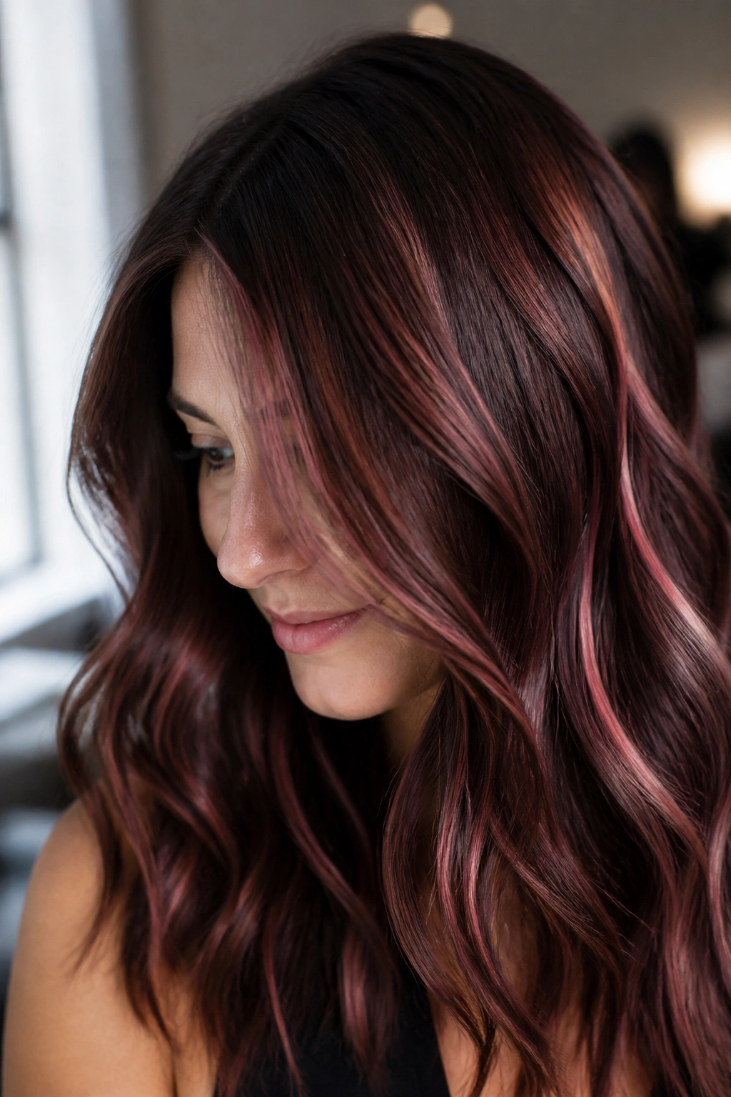 Close-up of real woman with rose-gold strawberry ribbons woven through hair