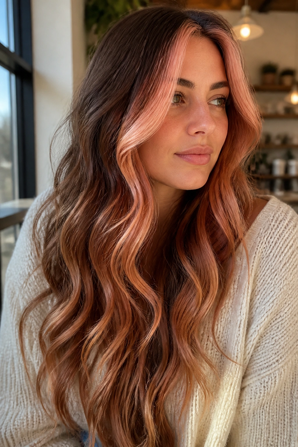 Portrait of a real woman with rose gold face-framing streaks on long wavy hair