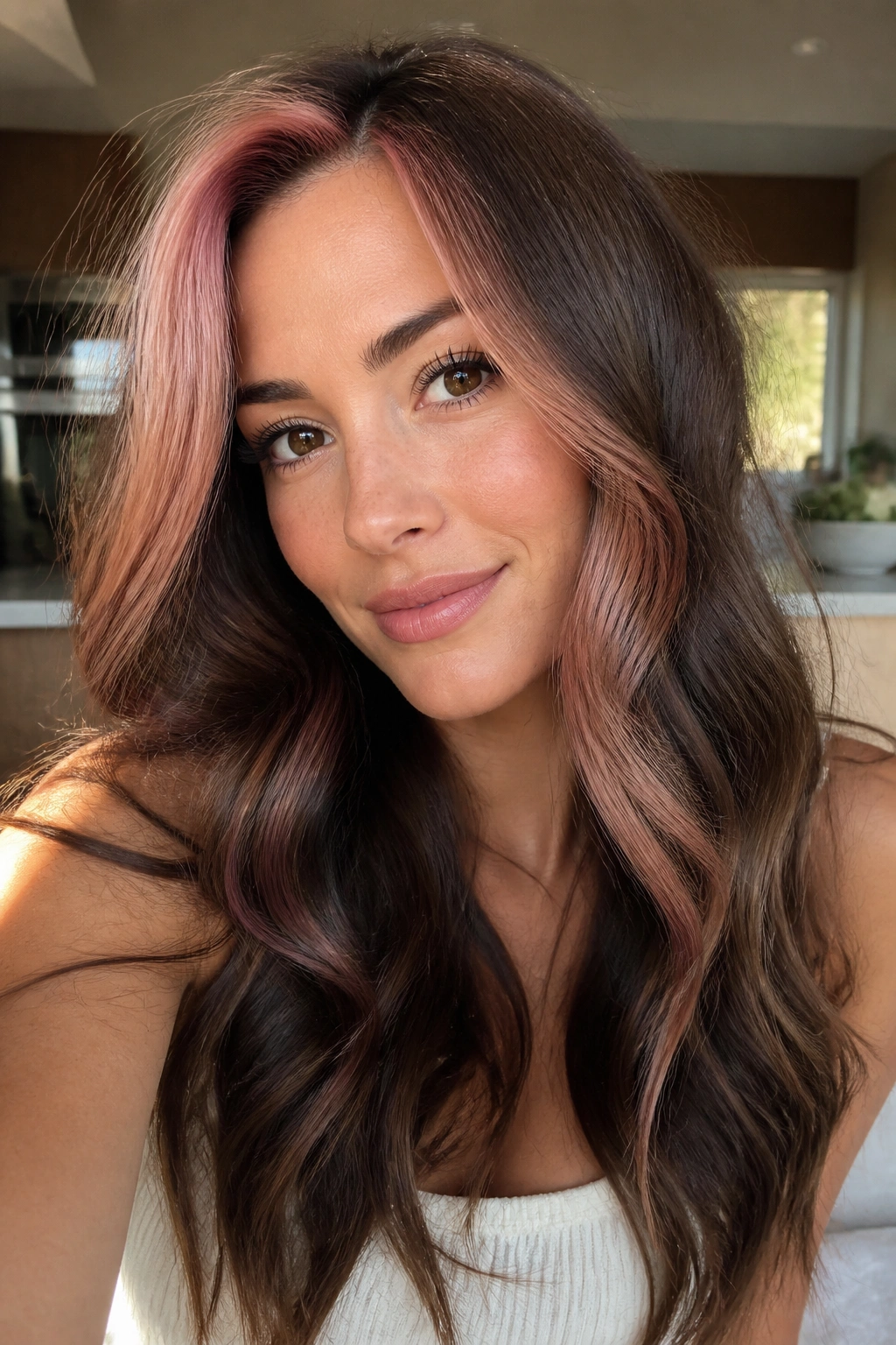 Close-up portrait of a real woman with a rose gold stripe on brown hair