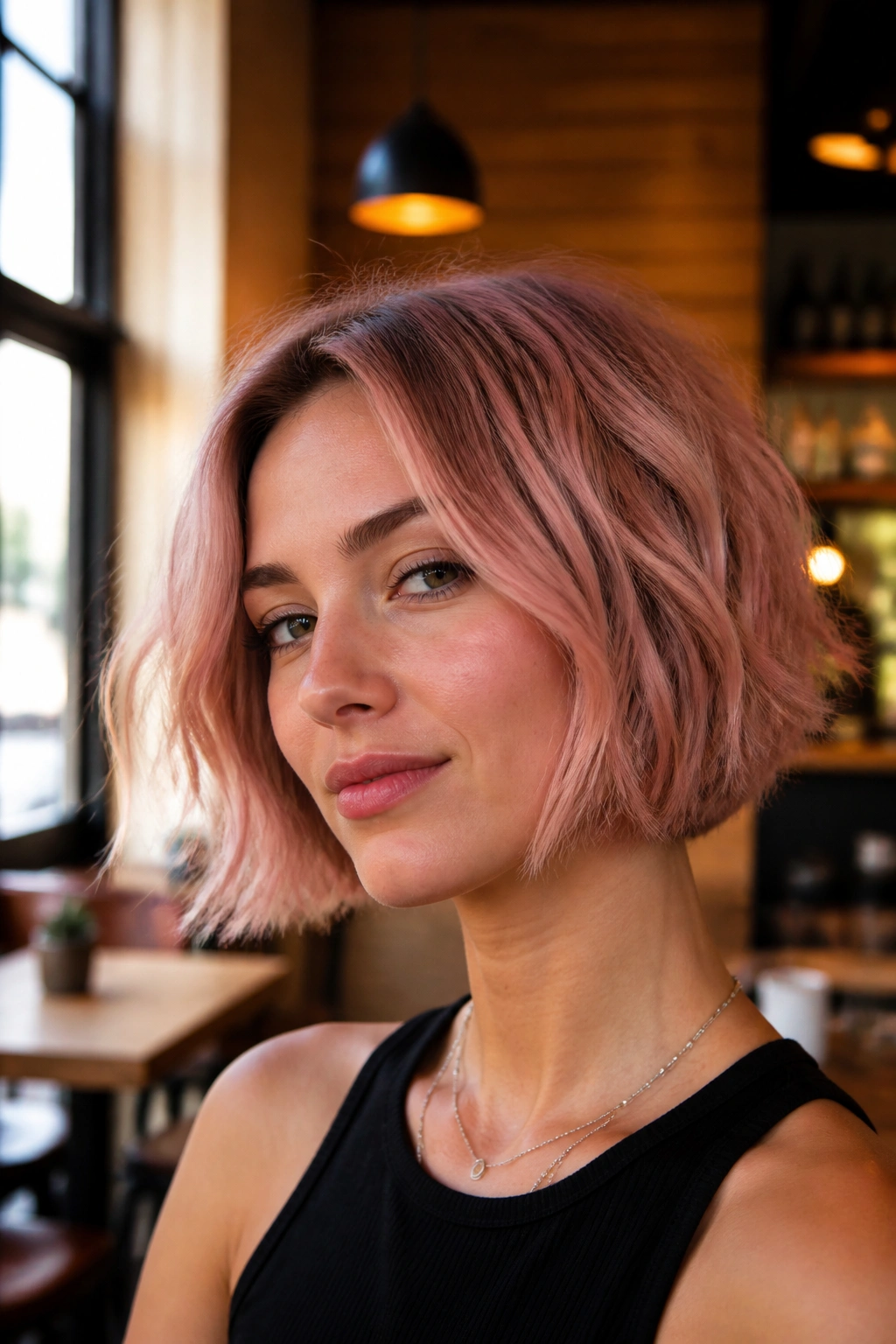 Real woman with a rose-gold textured bob, mid-length pieces and soft lighting.
