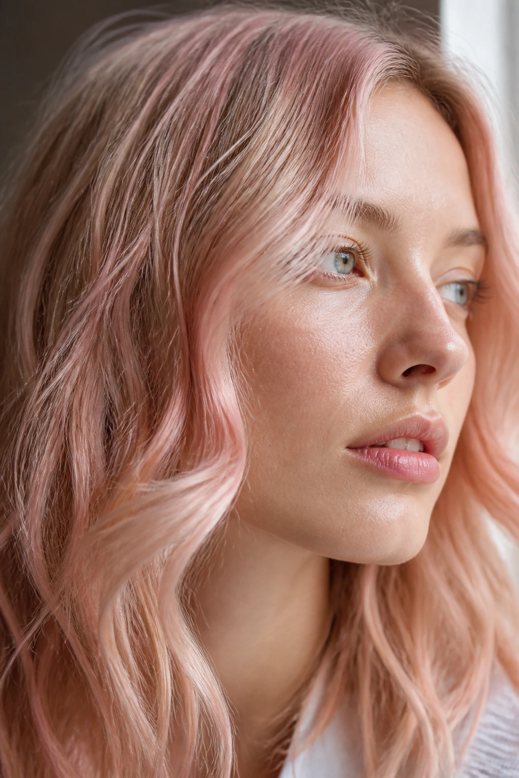 Close-up of a real woman with pale blonde hair featuring a barely-there rose gold tint in soft window light