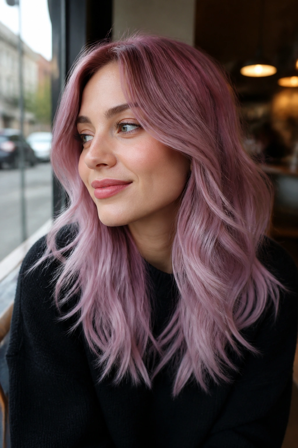 Person with cool rose gradient hair in cafe window light