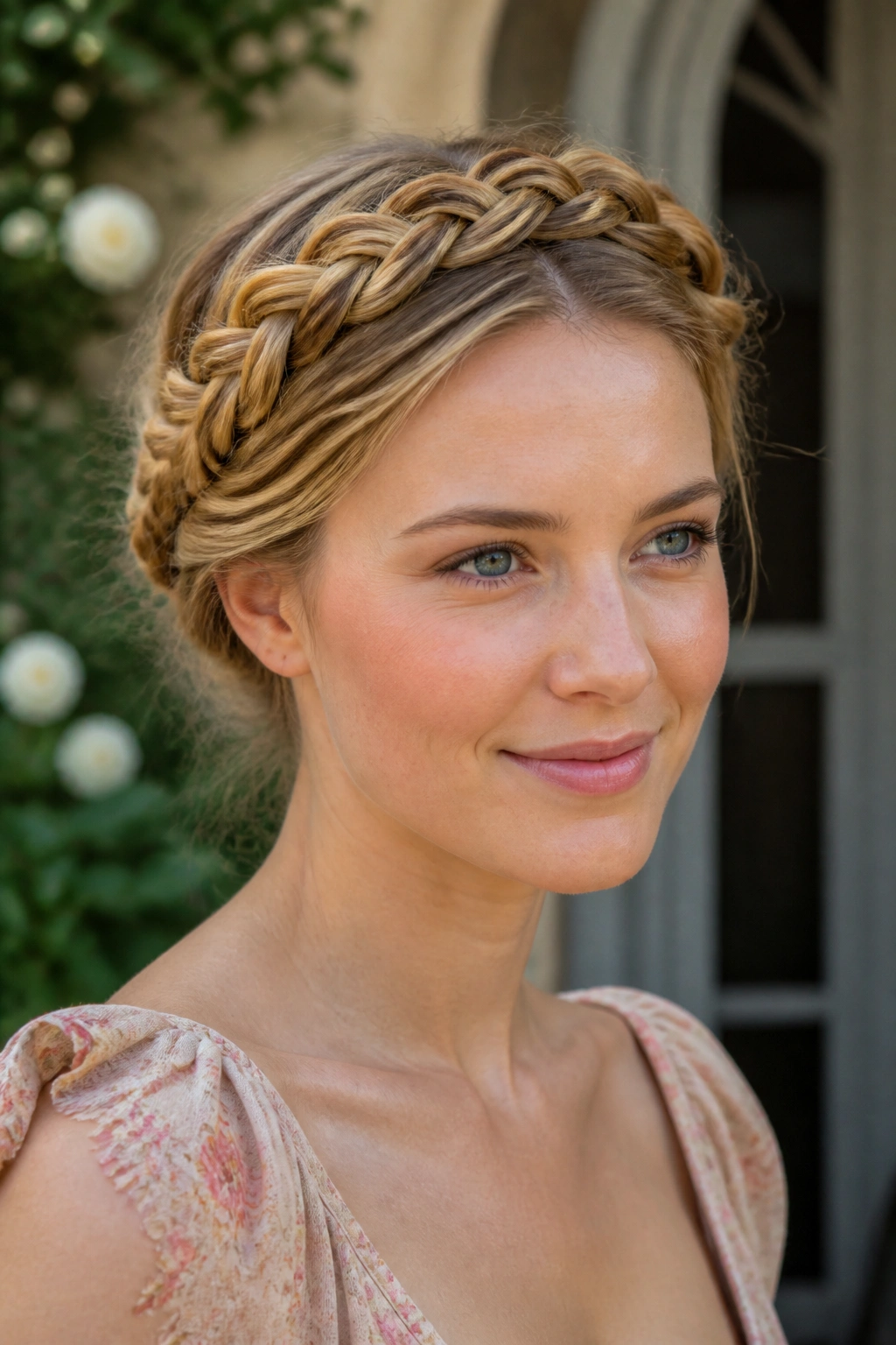 Medium close-up of a real person wearing a rose halo with tucked ends outdoors