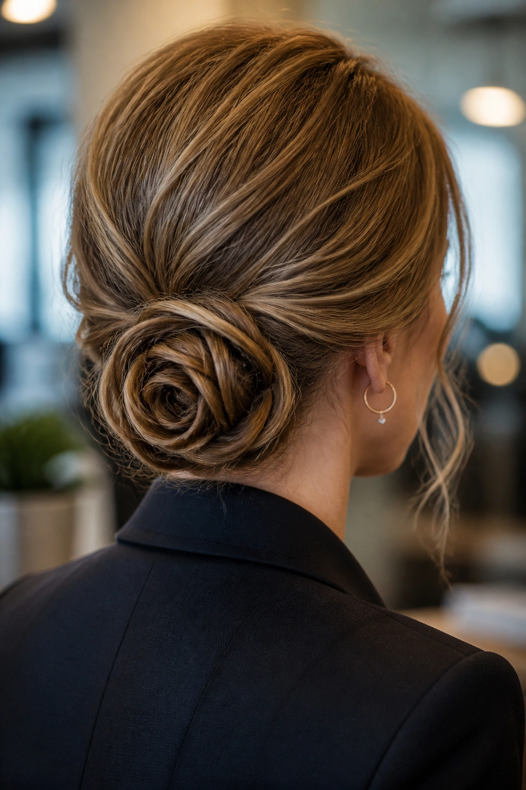 Back-of-head close-up of a real person with a rose knot at the nape