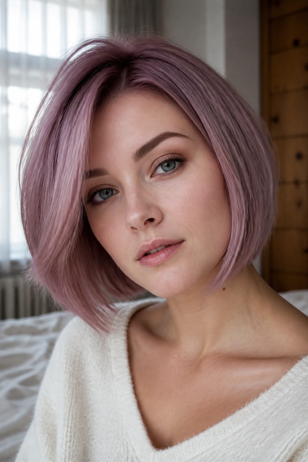 Close-up portrait of a real woman with a cool rose-lavender bob in mauve tones