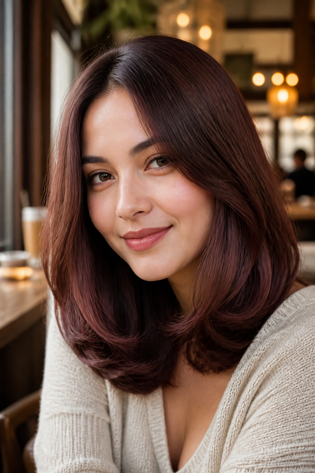 Close-up portrait of a real woman with rose mahogany brown hair and soft inward-curled ends