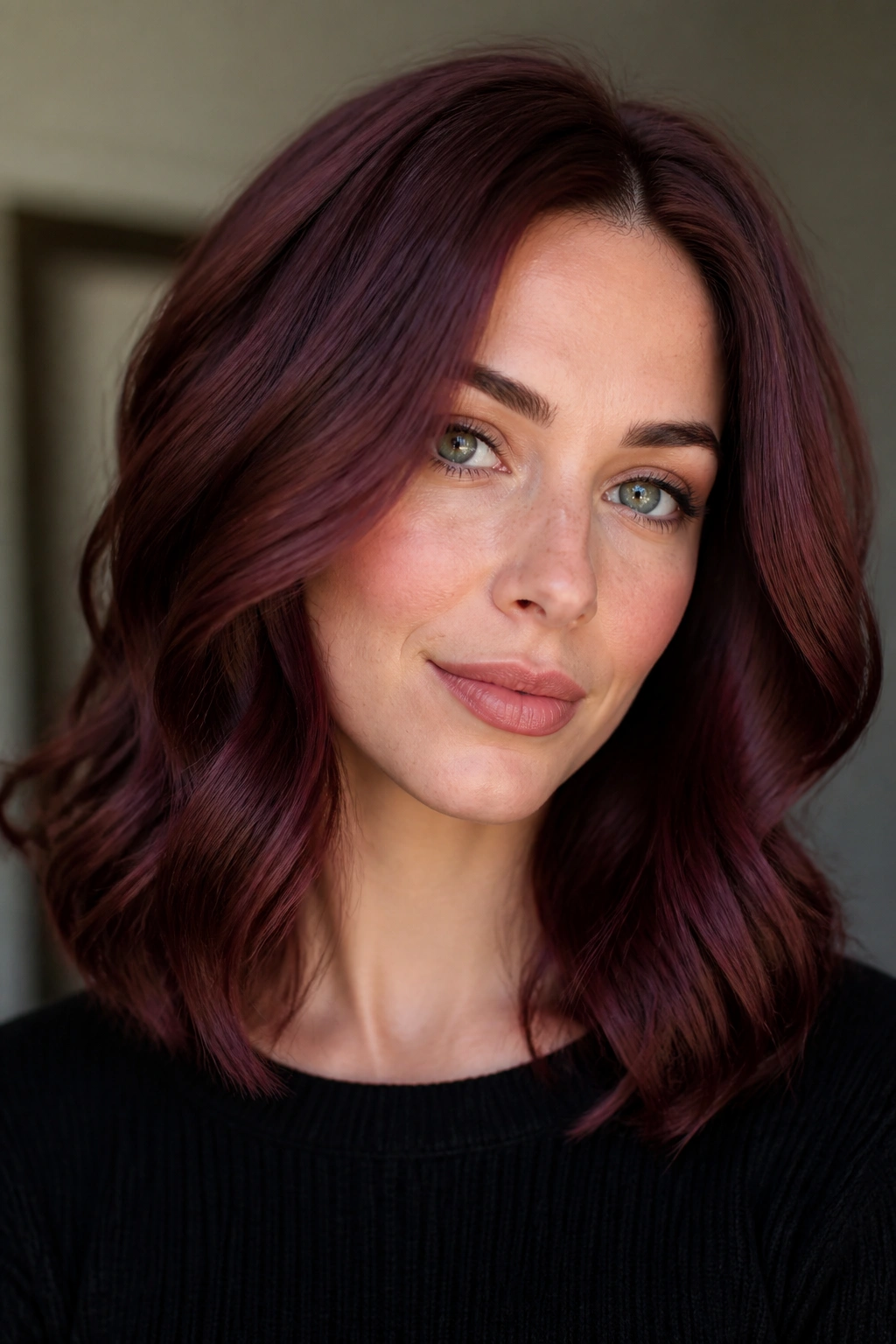 Close-up of a real woman with Rose Mahogany hair in a softly lit room